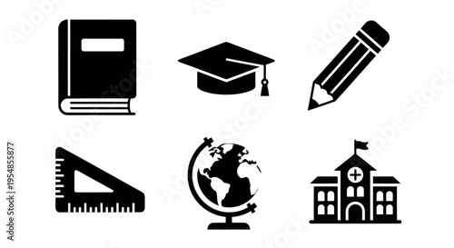 Education Icons Set: Book, Graduation Cap, Pencil, Ruler, Globe, School Building