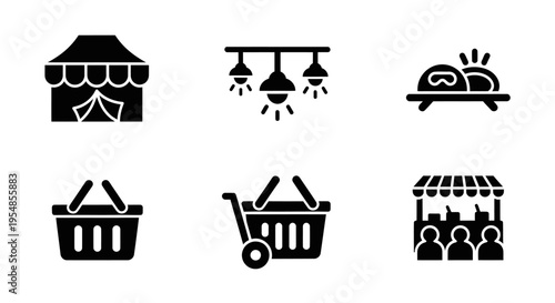Set of six black icons representing shopping and food stalls, market, and lighting.