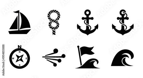 Nautical Icons Set: Sailboat, Rope, Anchor, Compass, Wind, Flag, Wave