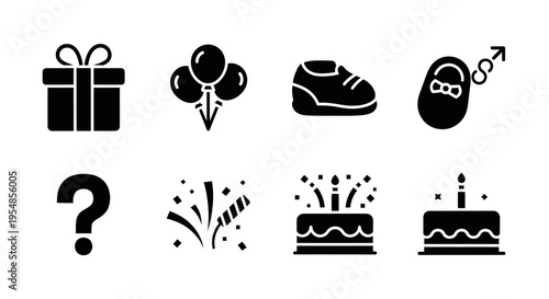 Baby Shower Icons: Gift, Balloons, Shoes, Cake, Question Mark, Confetti