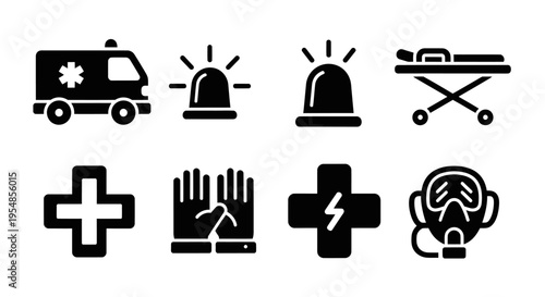 Emergency Medical Icons: Ambulance, Stretcher, First Aid, Gloves, Mask