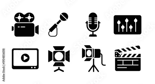 Filmmaking and Recording Equipment Icons Set: Camera, Microphone, Spotlight, Clapperboard