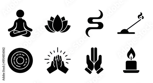 Meditation, Yoga, Zen, Mindfulness Icons: Lotus, Incense, Candle, Prayer
