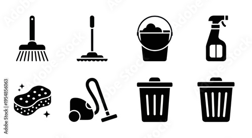 Cleaning Supplies Icons Set: Broom, Mop, Bucket, Sprayer, Sponge, Vacuum, Bins