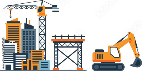 urban construction site with crane and excavator flat design vector illustration