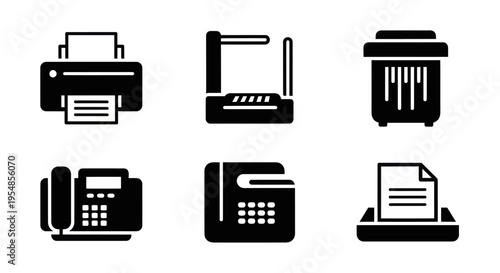 Office Equipment Icons: Printer, Scanner, Shredder, Fax, Phone, Paper Tray