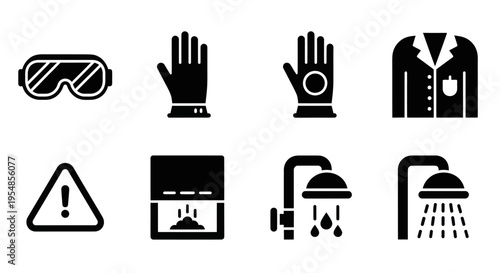 Safety Icons: Goggles, Gloves, Lab Coat, Warning Sign, Hand Dryer, Shower