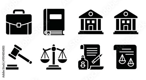 Law and Justice Icons: Briefcase, Book, Courthouse, Gavel, Scales, Scroll, Document
