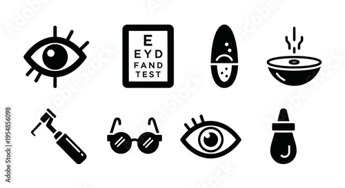 Eye Care Icons: Vision Test, Eyeglasses, Ophthalmoscope, Eye Drops, Eye Symbol