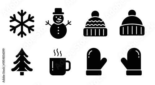 Winter Icons: Snowflake, Snowman, Hats, Mittens, Christmas Tree, Hot Drink