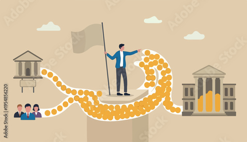 Cash flow, investment fund raising bank loan financial activity making money profit concept, Businessman leader into investor holding flag control money Dollar coins.