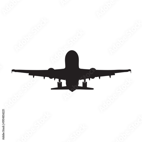 Airplane flying front view silhouette isolated on white background, commercial aircraft taking off
