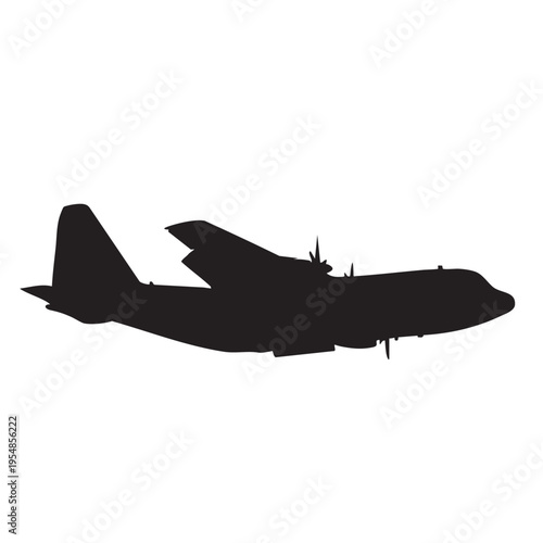 Military transport aircraft silhouette isolated on white background, black cargo airplane profile, heavy aircraft for transportation