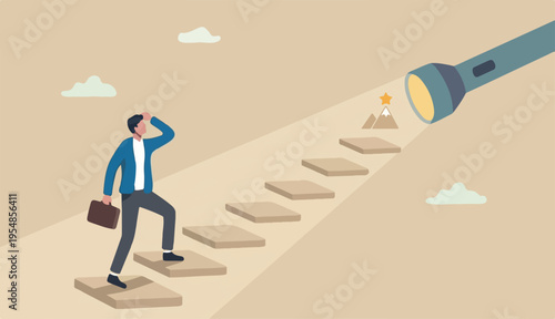 Spotlight to guide career success, recruitment or HR finding candidate or talent, opportunity or career growth, ladder of success concept, businessman walk up flashlight with staircase light beam