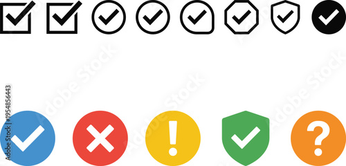 Check mark icons set, validation symbols collection, approval rejection indicators, colorful buttons, user interface elements, vector illustration