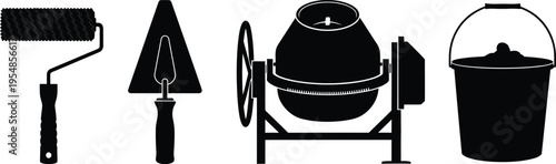 cleaning tools set with paint roller and bucket vector illustration