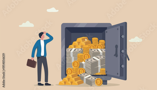Alternative financial assets, crypto currency bitcoin, cash gold investment retirement plan concept, businessman investor to standing security safe full cash, gold bitcoin inside