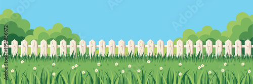 Landscape background image with a light wooden fence, grass under the fence, and grass in the foreground. Seamless horizontal pattern. Vector illustration.