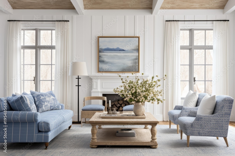 Fototapeta premium Modern farmhouse living room featuring a blue striped sofa, fireplace, and coastal decor
