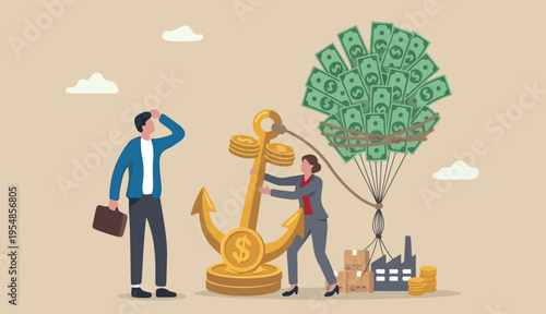 Monetary policy to lower inflation, keep cost or expense low for profit, FED central bank interest rate control metaphor, businessman government throwing burden anchor tie money dollar balloon