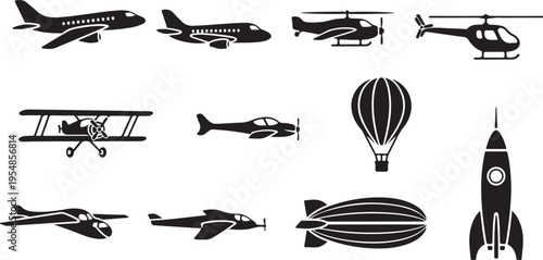 Black and white of airplanes ships hot air balloon and lighthouse aircraft propeller plane jet plane