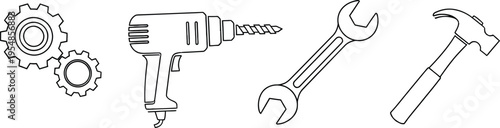 set of hand tools and gears flat design vector illustration