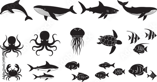 Black and white of various birds perched on branches and flying de