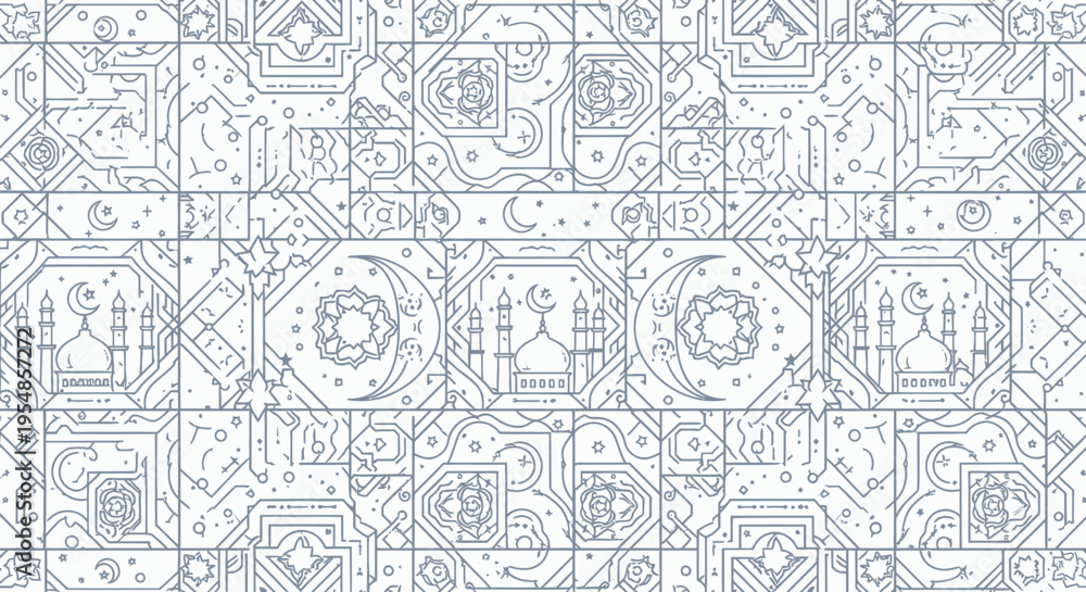Fototapeta premium Islamic Geometric Pattern with Crescent Moon and Mosque, Blue Outline