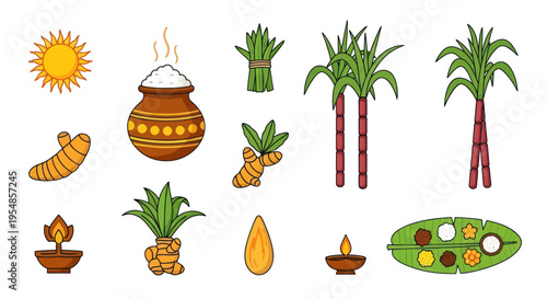 Pongal Festival Elements: Sun, Pot, Sugarcane, Turmeric, Lamp, Rice, Banana Leaf