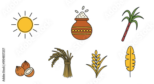 Happy Pongal Icons: Sun, Pot, Sugarcane, Coconut, Rice, Wheat, Banana Leaf