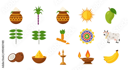 Pongal Festival Icons: Pot, Sugarcane, Sun, Mango, Cow, Banana, Coconut