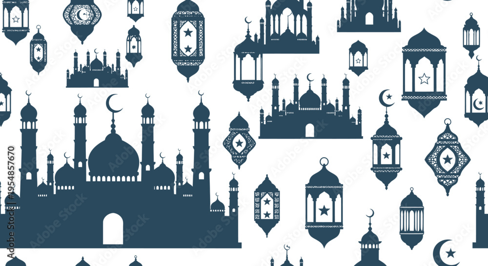 Fototapeta premium Islamic Mosque and Lanterns Seamless Pattern - Ramadan Kareem Silhouette Background