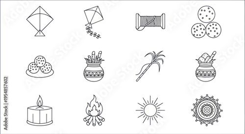 Pongal Festival Icons: Kite, Sun, Sugarcane, Pot, Fire, Sweet Balls