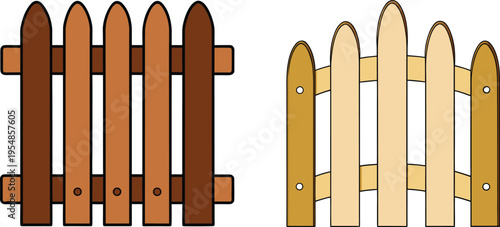 A comprehensive set of brown wooden picket fence sections and gates featuring a natural timber plank texture for rural garden security or outdoor farm protection design