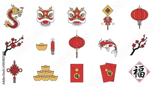 Chinese New Year Icons: Dragon, Lanterns, Koi Fish, Gold Ingots, Envelopes