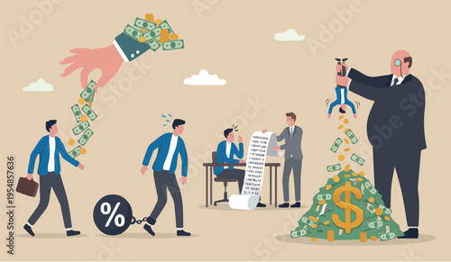 Tax hike the vernment increase steal money from people, debt or loan interest to pay off, unethical people overcharge bills, greed businessman mountain peak hold small people shaking to get all their 