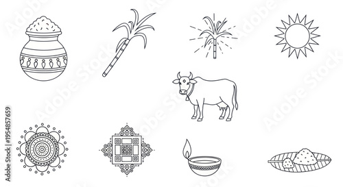Pongal Festival Icons: Pot, Sugarcane, Sun, Cow, Rangoli, Lamp, Harvest
