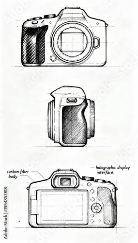 Vector illustration of a minimalist vintage camera design, blueprint-style industrial design, 3D orthogonal projections, and clear black lines on a white background.