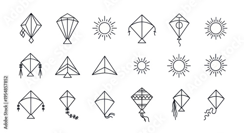 Kite Icons Set: Diverse Designs and Sun Symbols, Minimalist Line Art Vector Collection