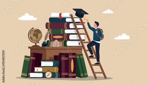 Education degree achievement, graduation college creative university diploma, school learning classroom, wisdom to scholar concept, young adult or student climb up Big desk ladder reach in graduate