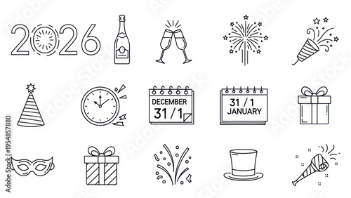 New Year 2026 Celebration Icons: Countdown, Gifts, Party Hats, Fireworks, Champagne
