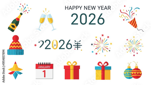 Happy New Year 2026 Celebration Icons: Champagne, Gifts, Fireworks, Calendar, Hat, Baubles