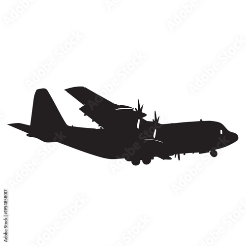 Tactical military transport plane silhouette with four turboprop engines and high wing design