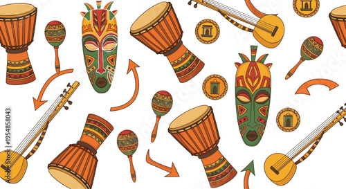 Seamless African tribal pattern featuring traditional masks, djembe drums, maracas, string instruments, ethnic ornaments, vibrant cultural illustration background