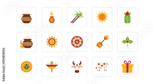 Collection of Indian Festival Icons: Pongal, Sun, Sugarcane, Cow, Gift