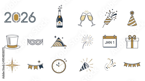 New Year 2026 Celebration Icons: Champagne, Party Poppers, Gifts, Calendar, Hats