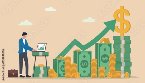 Revenue growth or investment profit increase earning accumulate, growing financial analysis concept, businessman working computer laptop dollar sign money rising graph
