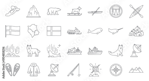 Arctic Icons: Polar Bear, Narwhal, Aurora, Snowmobile, Inuit Village, North