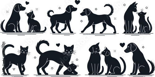 Dog and cat love silhouettes set, pets friendship and affection scenes collection with cute domestic animals vector illustration