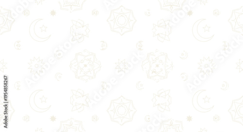 Pale Islamic Pattern with Crescent Moons and Geometric Shapes on White Background